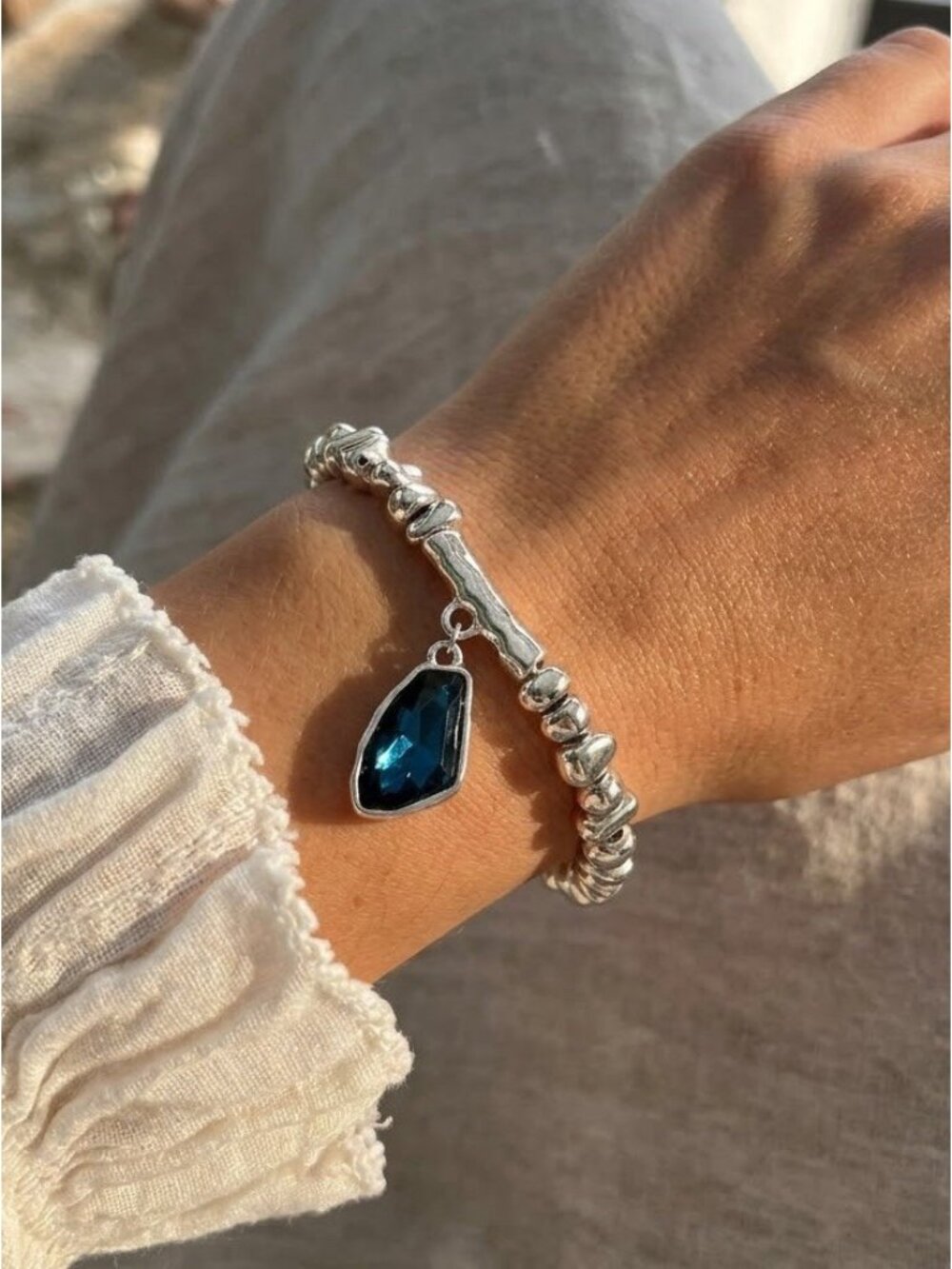 Silver Plated Faced Crystal Beaded Bracelet Blue Stainless steel Womens Jewelry